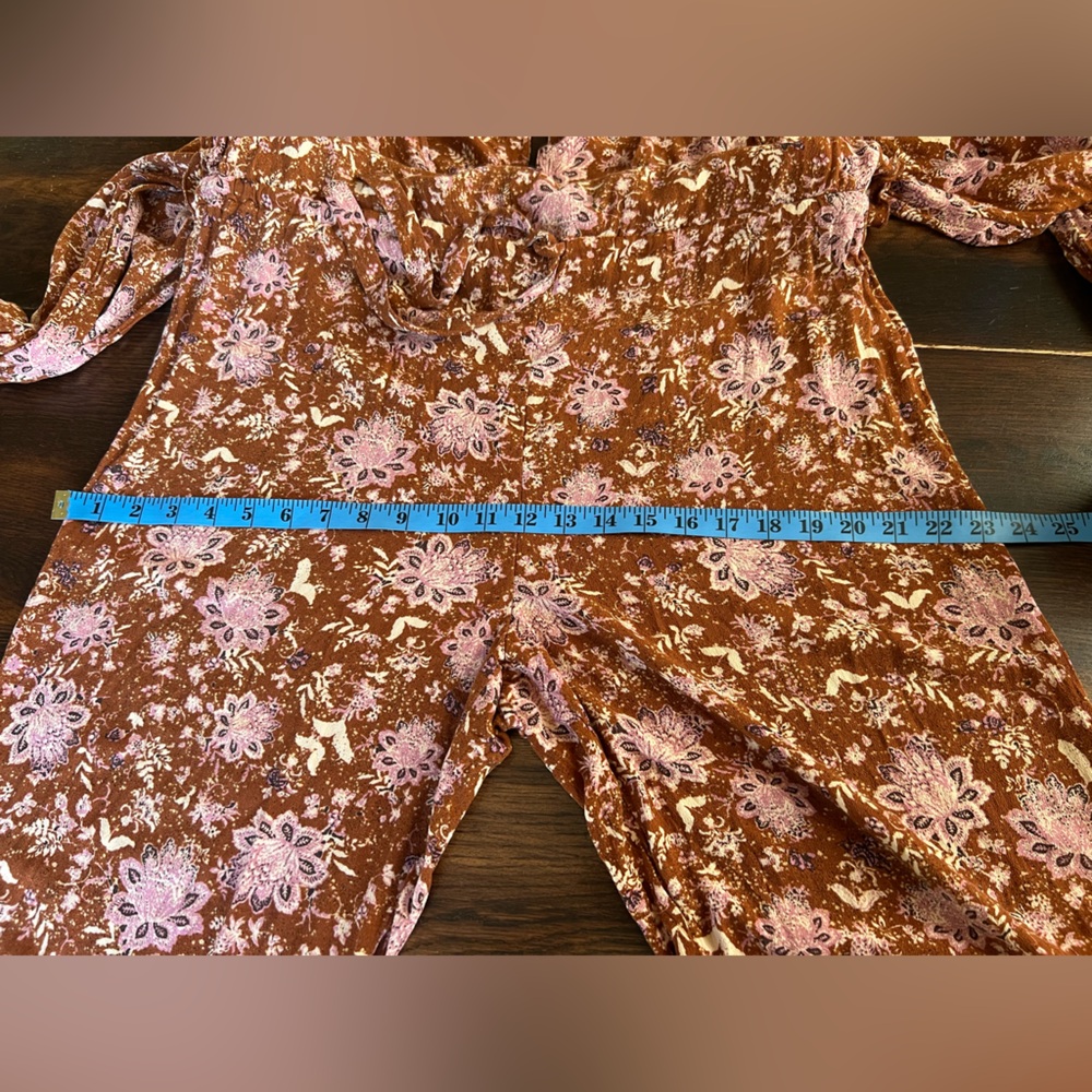 Free People Lux Floral Jumpsuit Women’s S Ruffle Drawstring Brown Pink Crop Leg - Picture 15 of 16